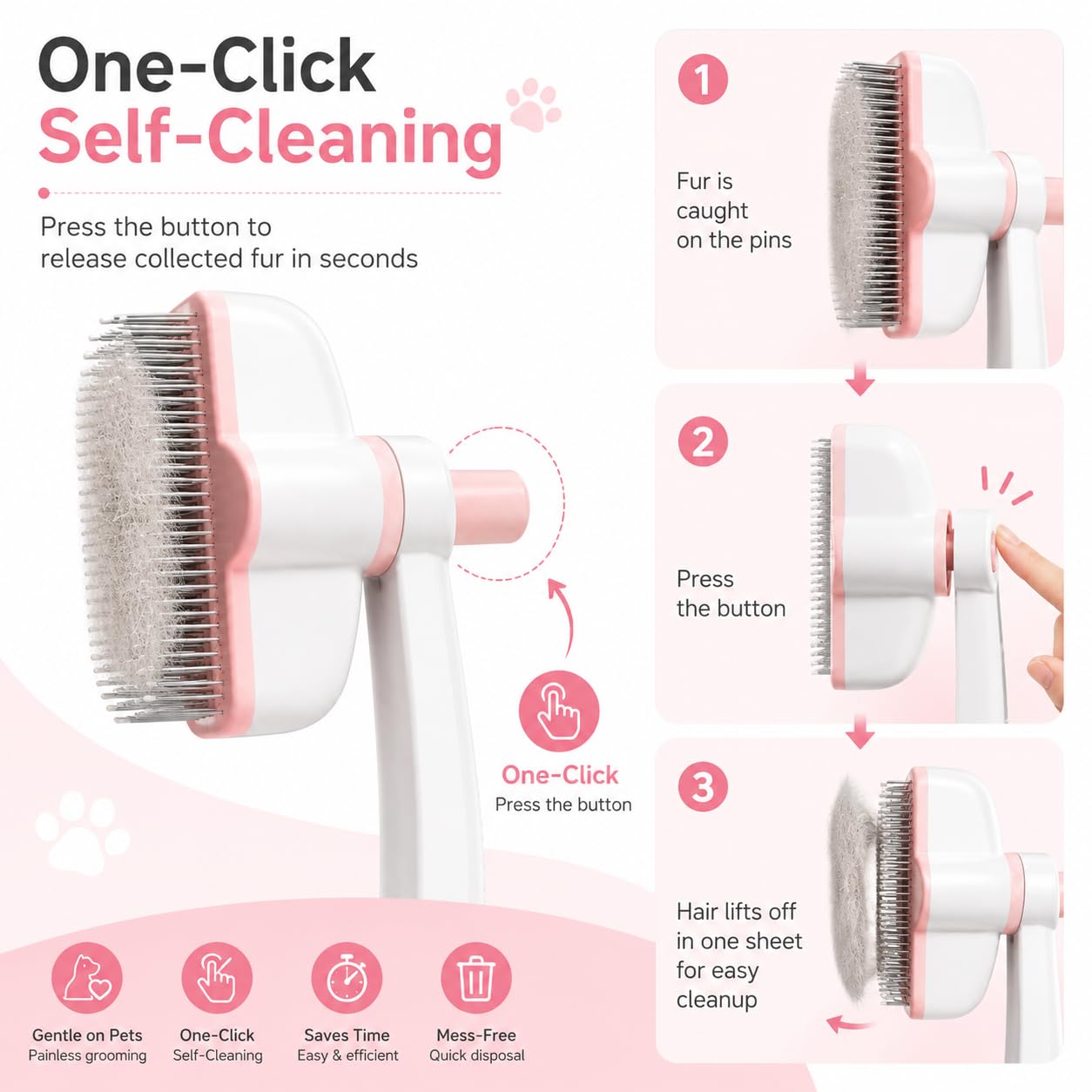 JADUFHU Self-Cleaning Cat Grooming Brush - Undercoat Removal | Stainless Steel Bristles | Pink 7