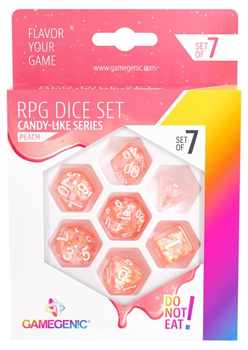 Gamegenic Candy-Like Series Peach Glitter Resin RPG Dice Set – 7-Piece Polyhedral Dice for Roleplaying Games