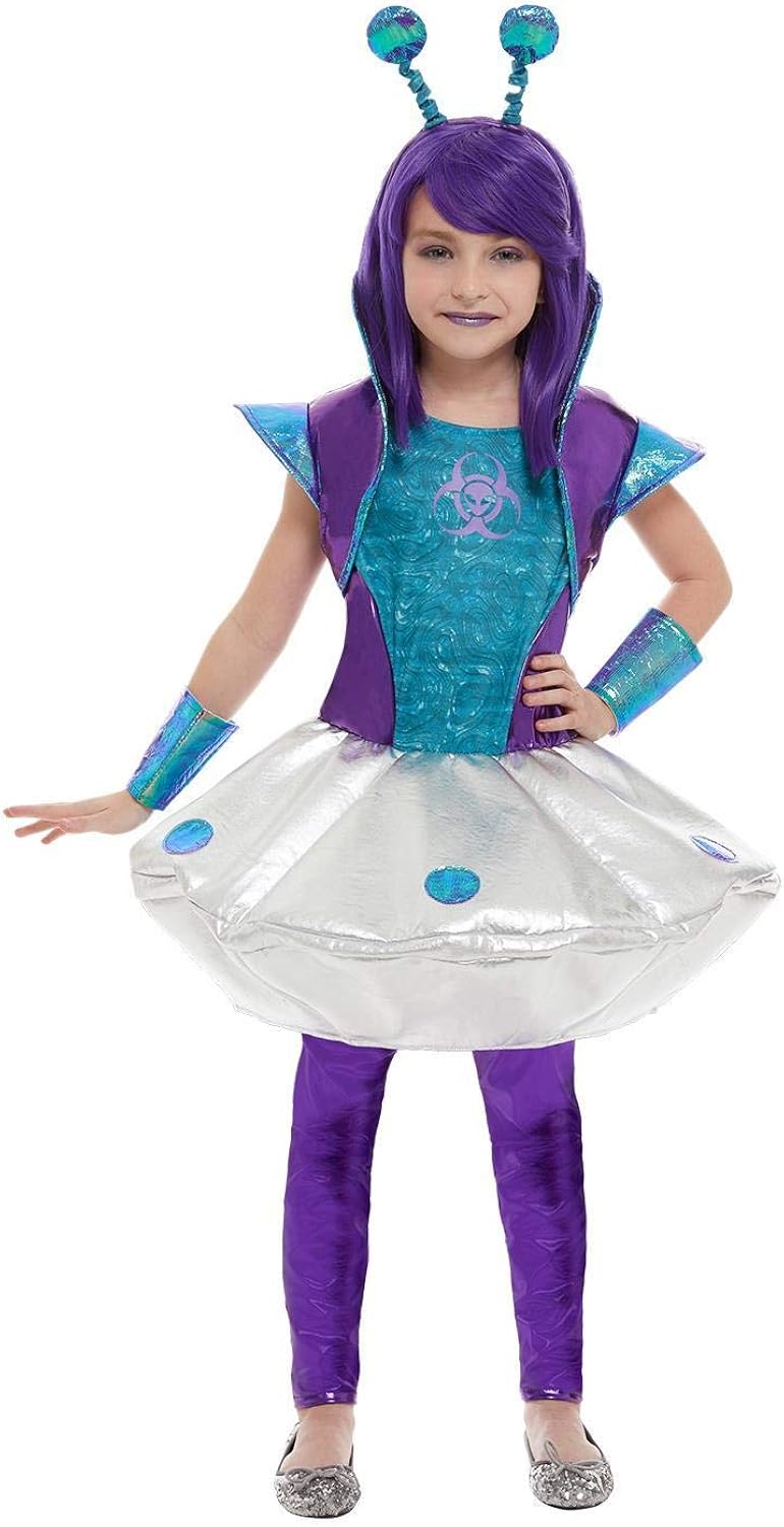 Smiffys Alien Girl Costume Set [Silver Dress, Leggings, Wrist Cuffs & Headband] - Kids Fancy Dress