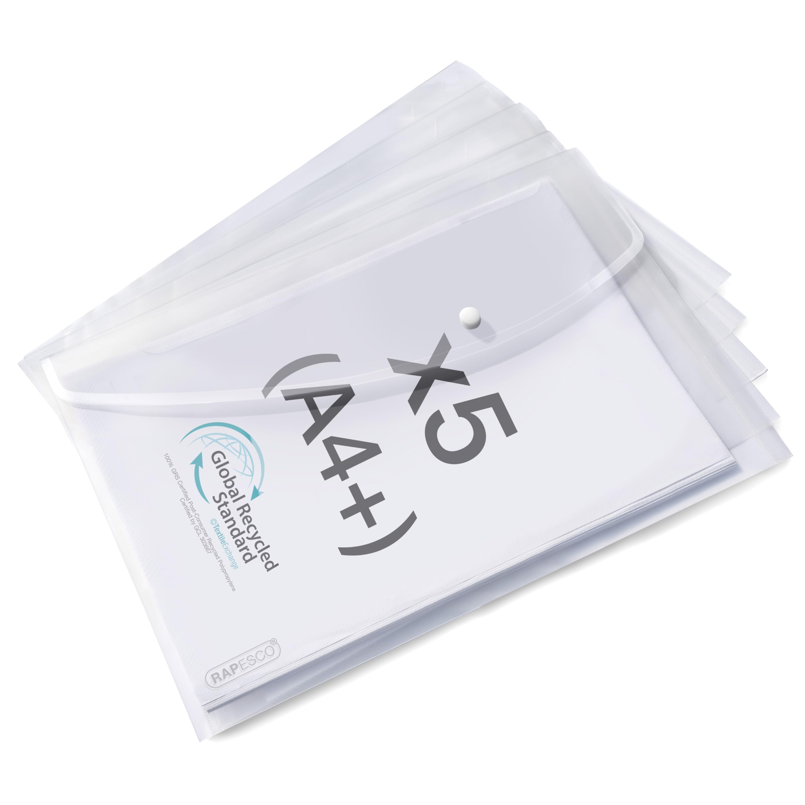 RAPESCO 1840 ECO Popper Wallets - A4+, Clear Transparent, 200-Micron, Pack of 5 1