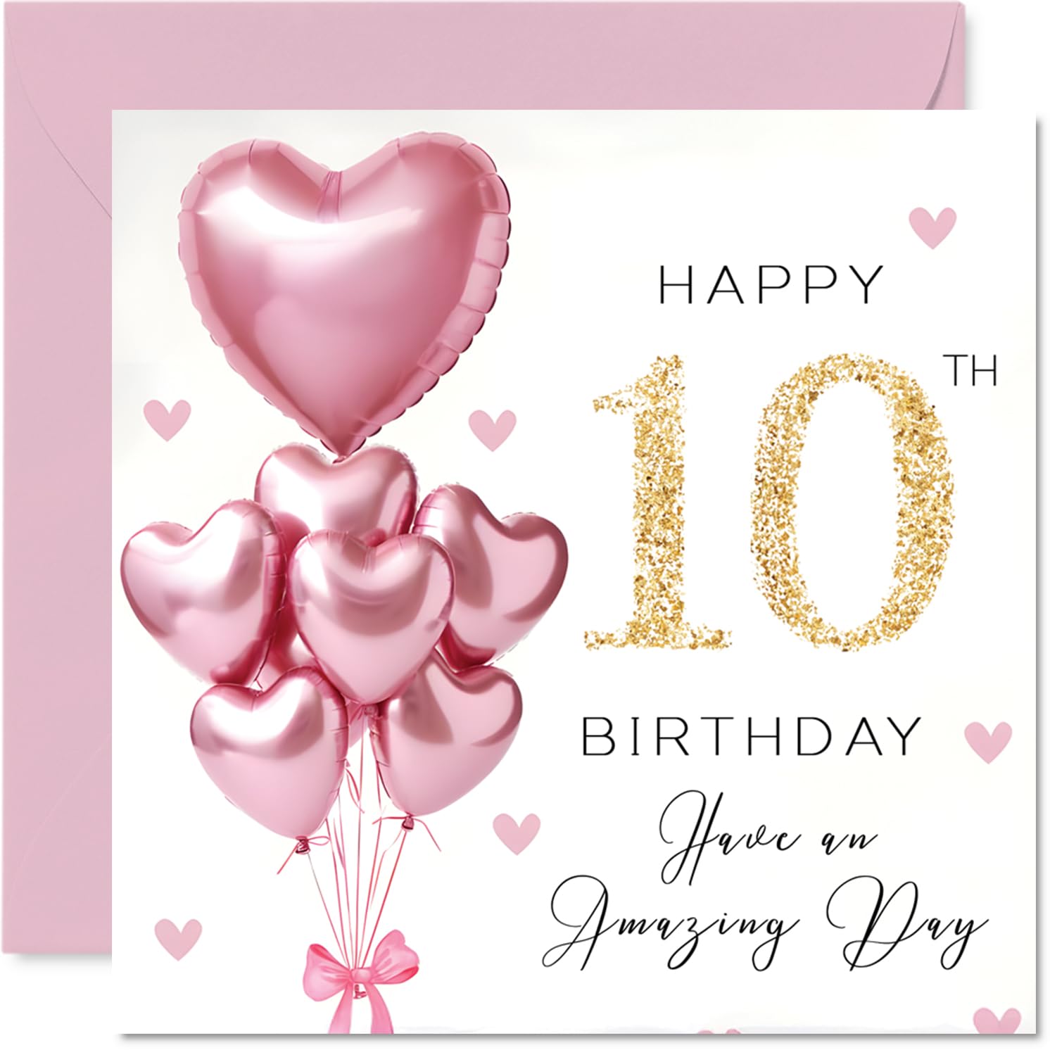 Stuff4 10th Birthday Card for Girls - Pink Glitter Balloons | 145mm x 145mm | Blank Inside
