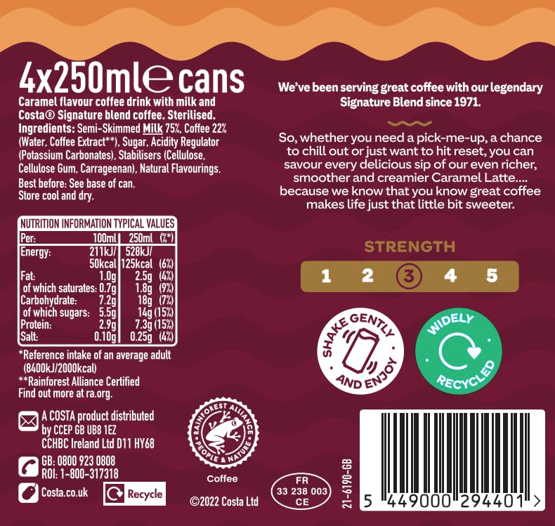 Costa Coffee - Caramel Latte Ready to Drink 4 x 250 ml 4