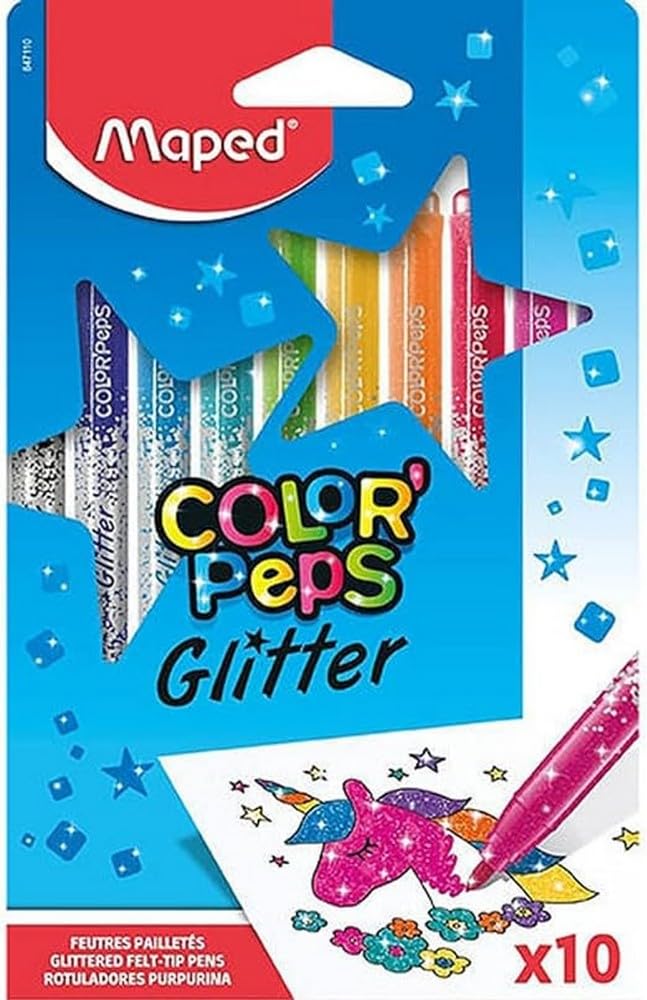 Maped Color'Peps Glitter Felt Tip Pens - 10 Bright Washable Colours | Medium Tip