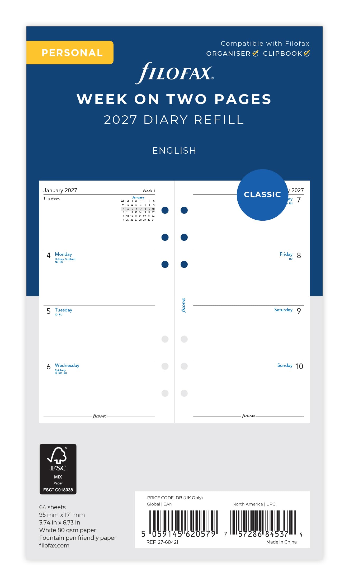 Filofax Personal 2027 Diary Refill - Week on Two Pages, English | 95mm x 171mm 1