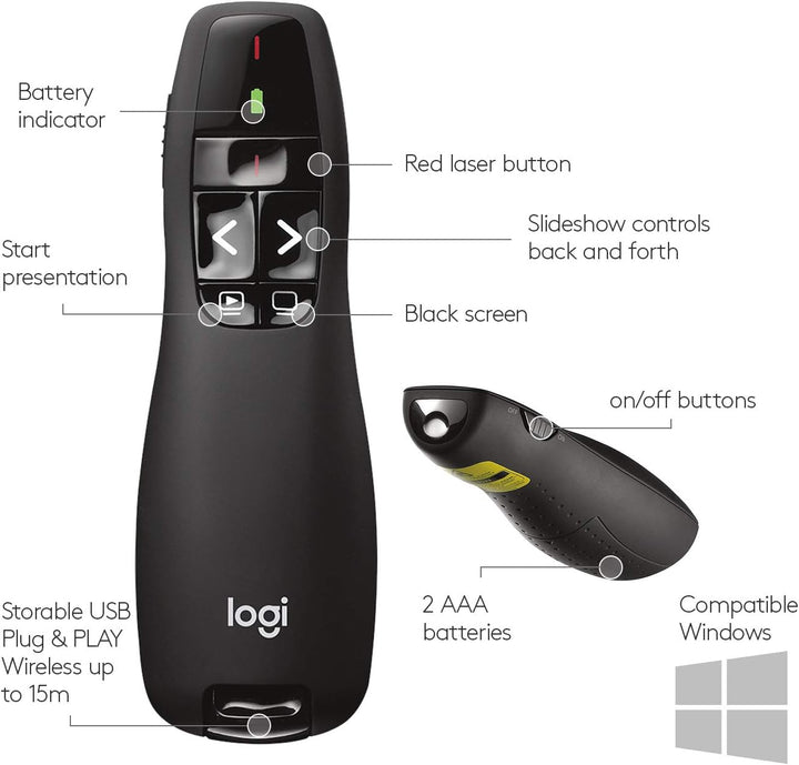 Logitech Wireless Presentation Remote with Red Laser Pointer, Intuitive Slideshow Control, 15m Range, Black (910-001356)