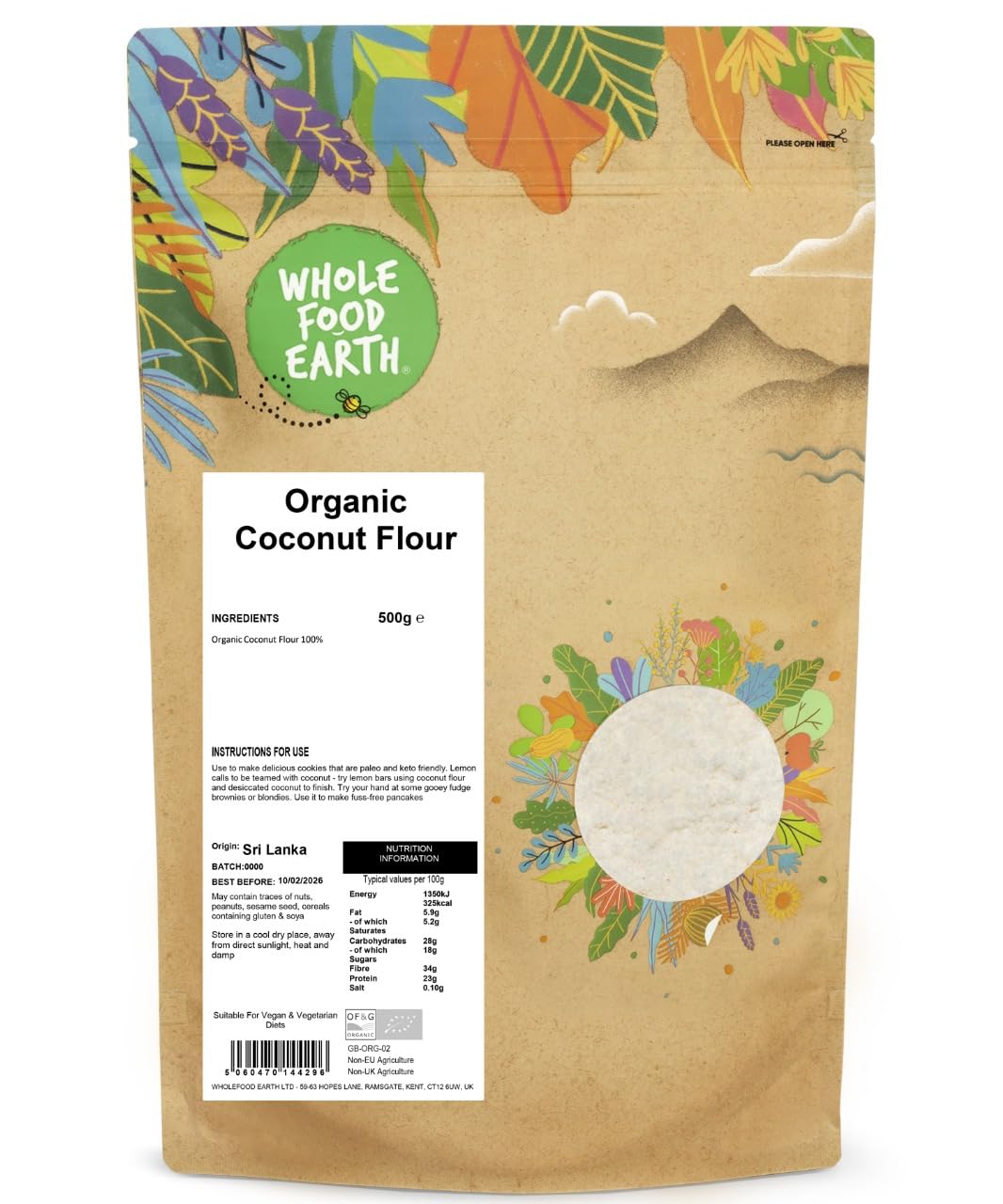 Wholefood Earth Organic Coconut Flour - 500g | GMO Free | Vegan | High Fibre 1