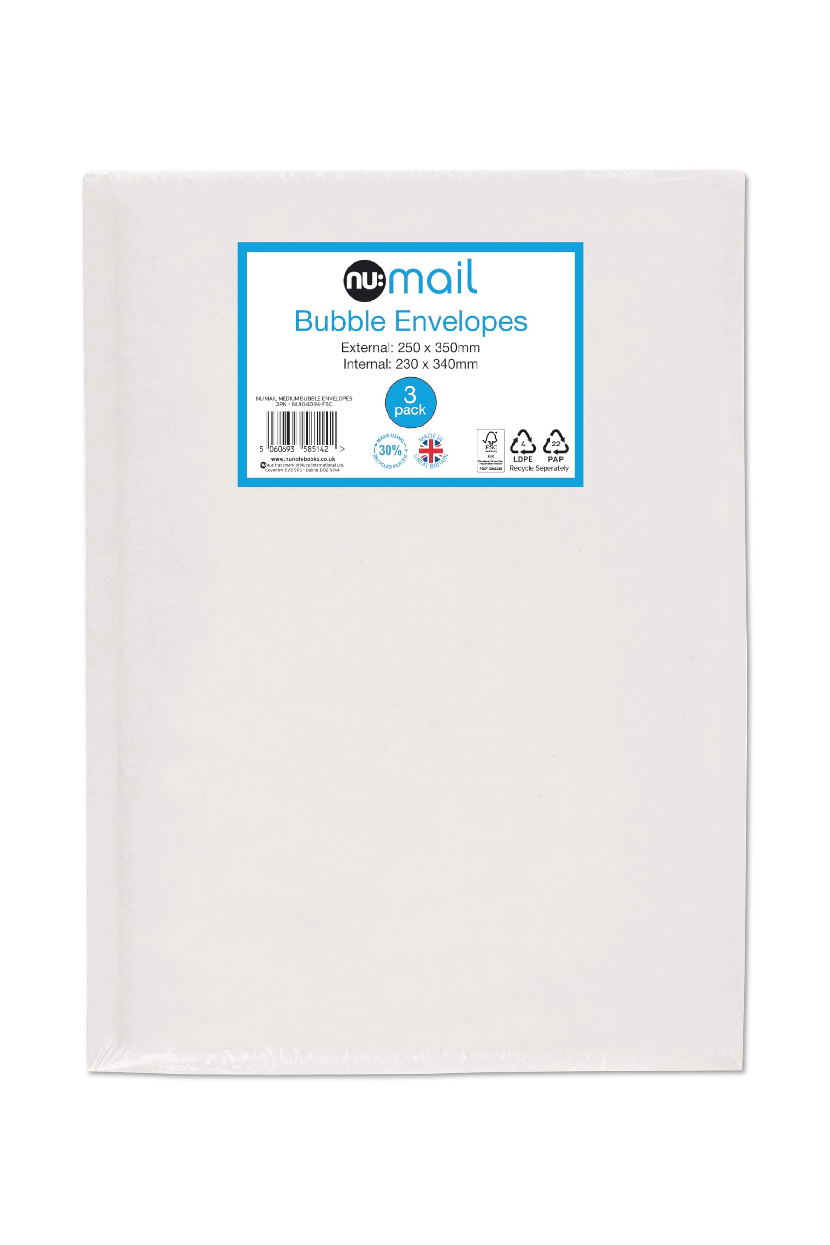 nu: Mail Padded Bubble Envelope Medium - Protective Packaging | 3 Pack | White