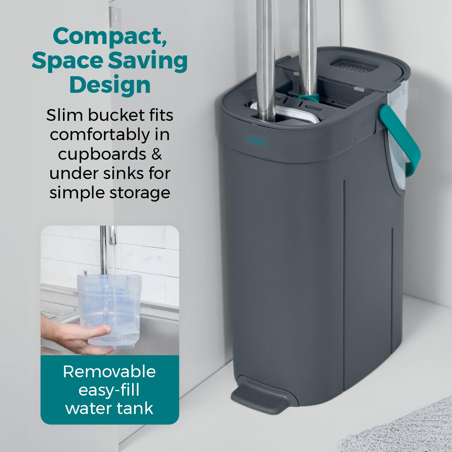 Tower Flat Mop and Bucket Set - 2 Washable Microfibre Mop Heads, 1.8L Clean Tank, Teal 4