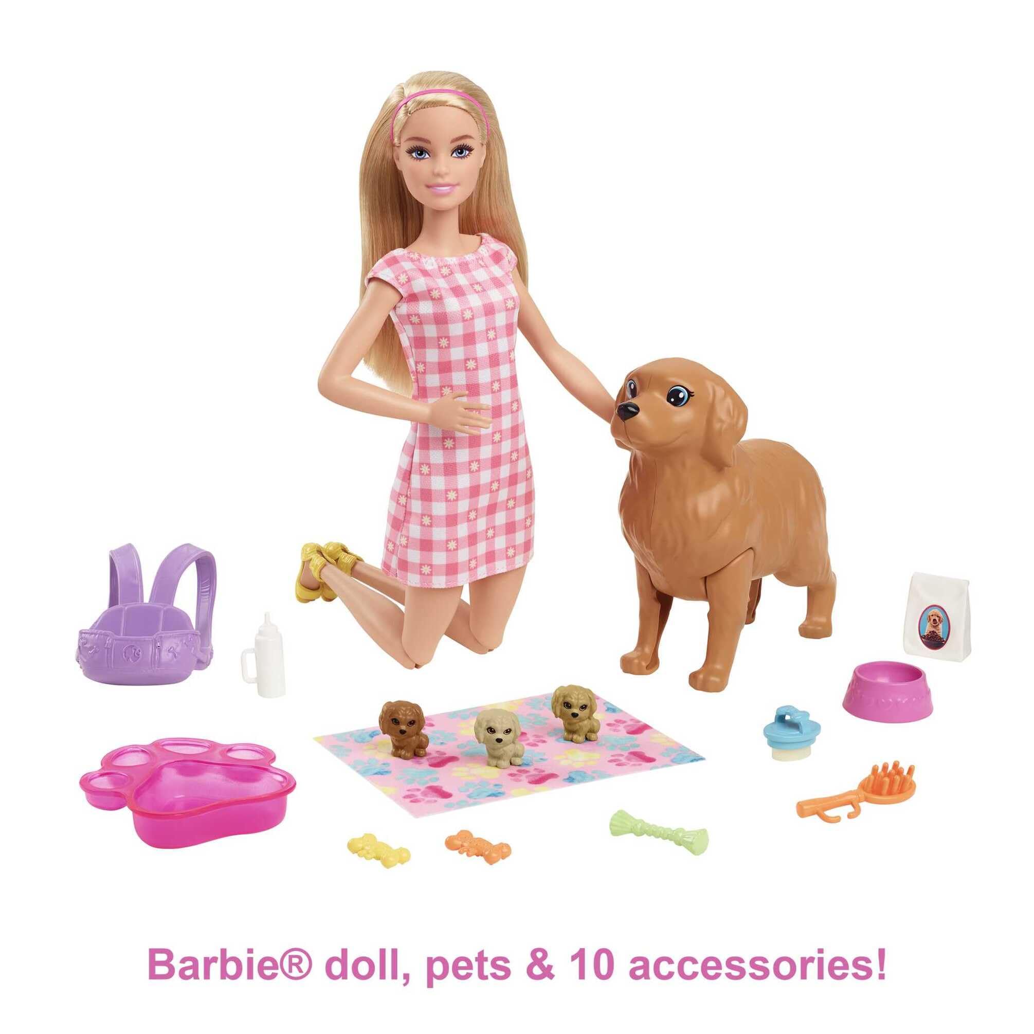 Barbie Newborn Pups Playset with Blonde Doll, Mommy Dog, 3 Puppies, and 11 Accessories | Ages 3-7 5