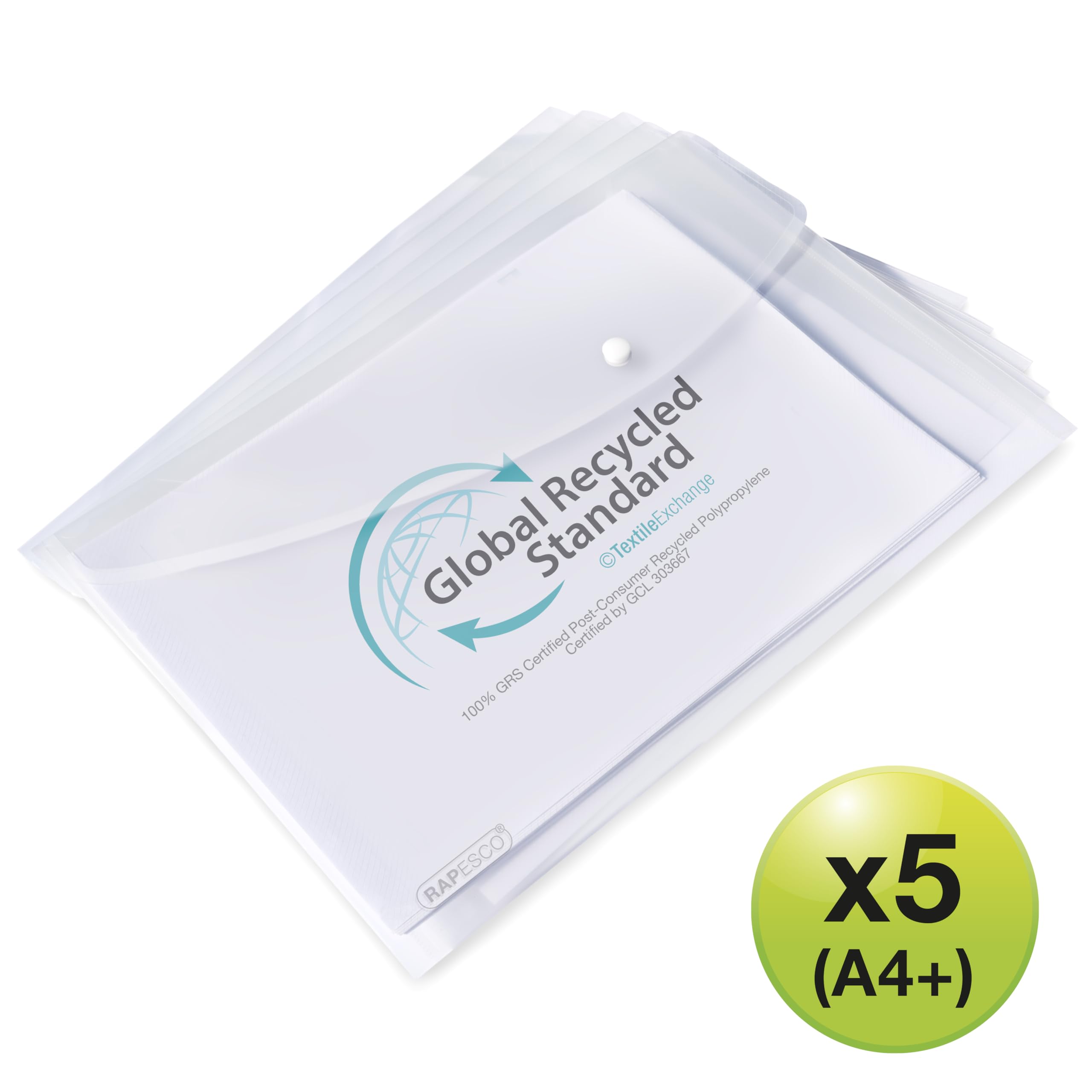 RAPESCO 1840 ECO Popper Wallets - A4+, Clear Transparent, 200-Micron, Pack of 5 2