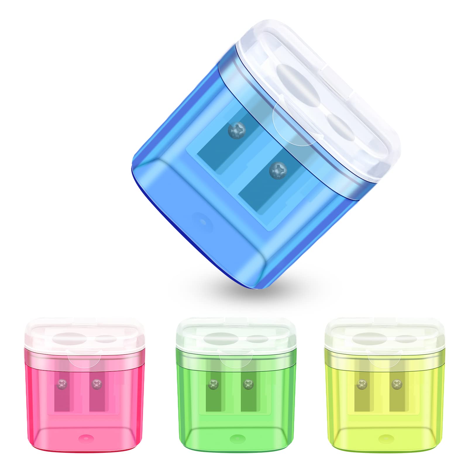 elzle Pack of 4 Portable 2-Hole Pencil Sharpeners with Debris Container | Plastic & Stainless Steel