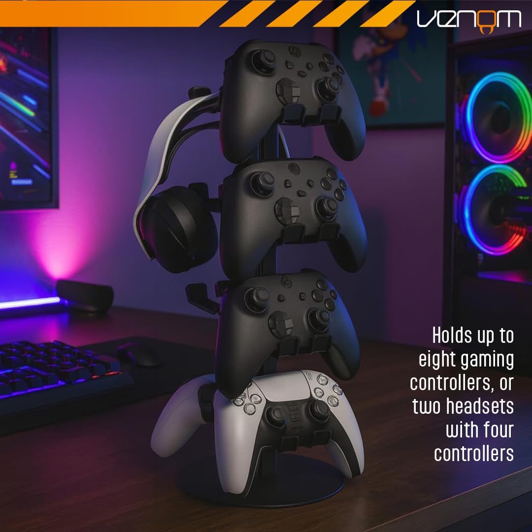 Venom Universal Headset & Controller Stand - 4-Tier Metal Organizer for 8 Controllers | Black