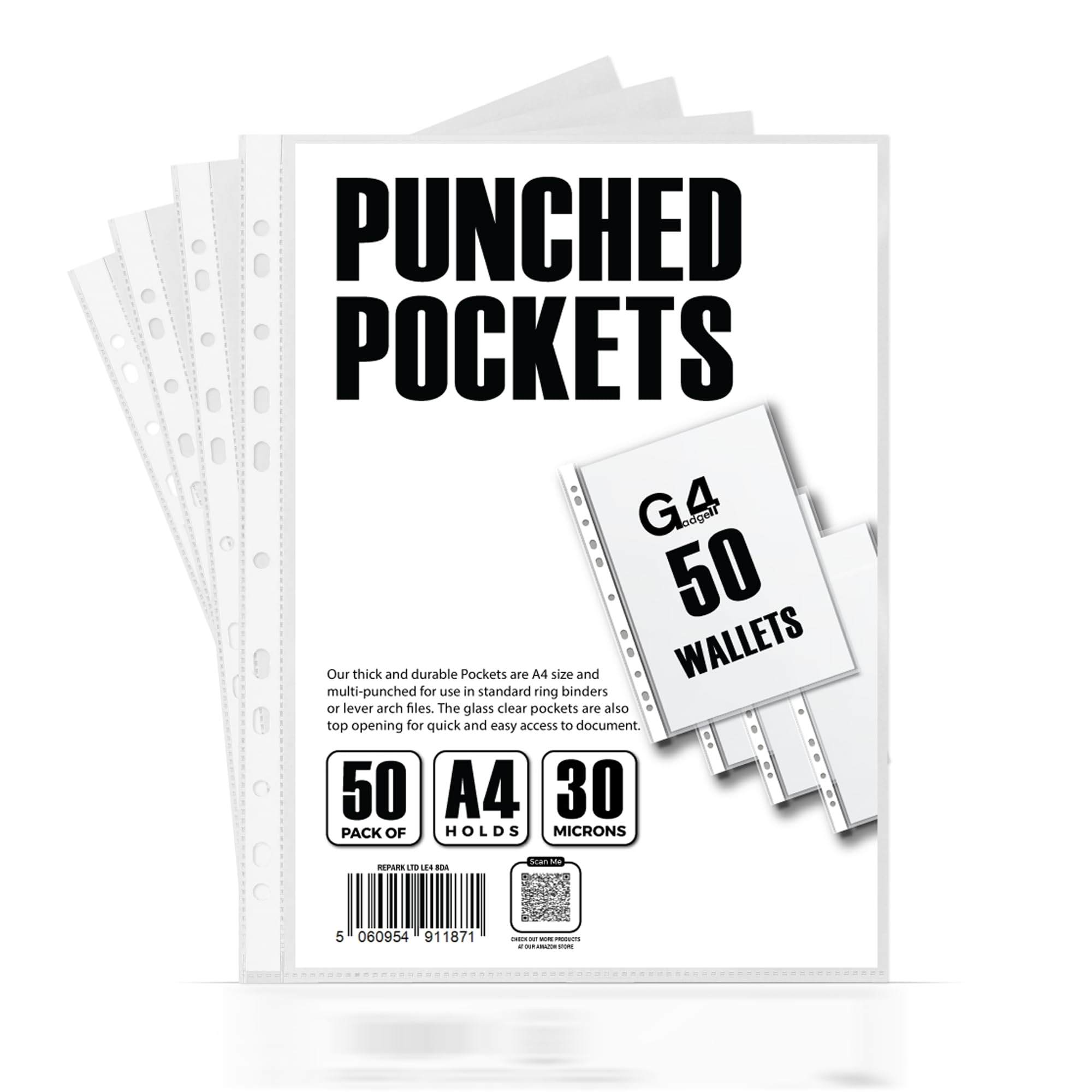 G4GADGET Pack of 50 A4 Clear Plastic Punched Pockets Folders with Frost Finish 1