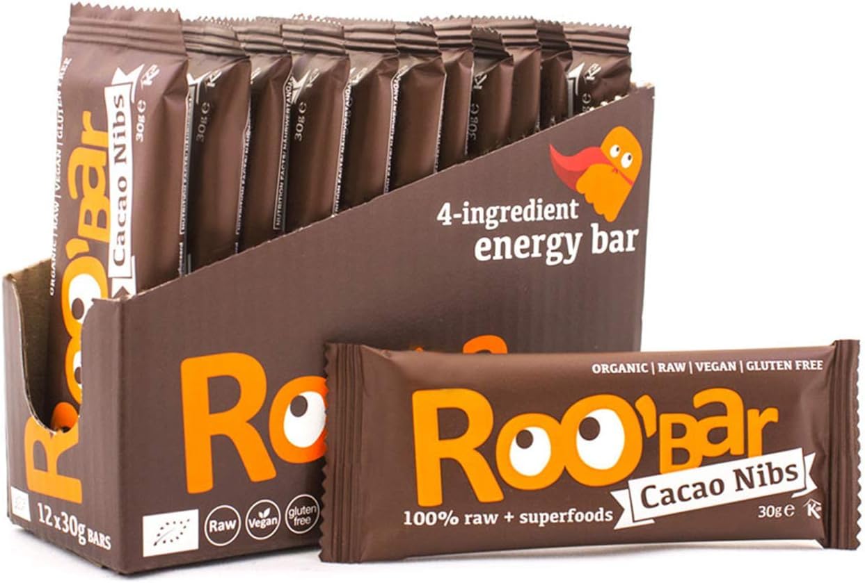 ROOBAR Cacao Nibs Raw Bar - 12 Count Pack | Organic, Vegan, Gluten Free Energy Boost