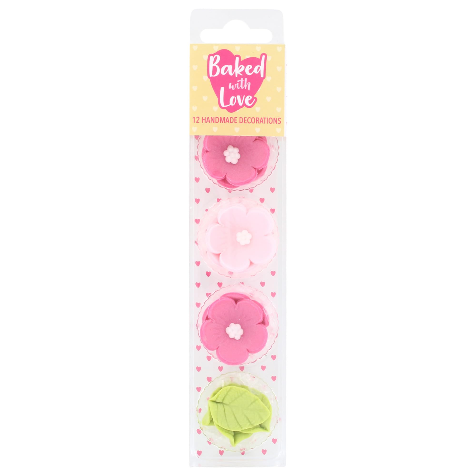 Baked with Love - 12 Pack Handmade Edible Sugar Flowers and Leaves Cupcake Toppers | Pink & Green