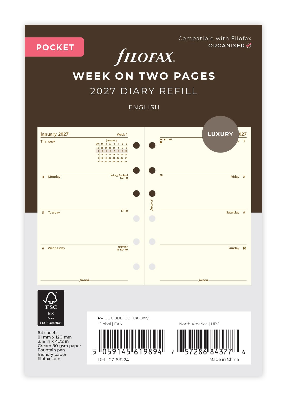 Filofax Pocket Personal Organiser Refill - 2027 Diary | Week on Two Pages | Cotton Cream Paper 1