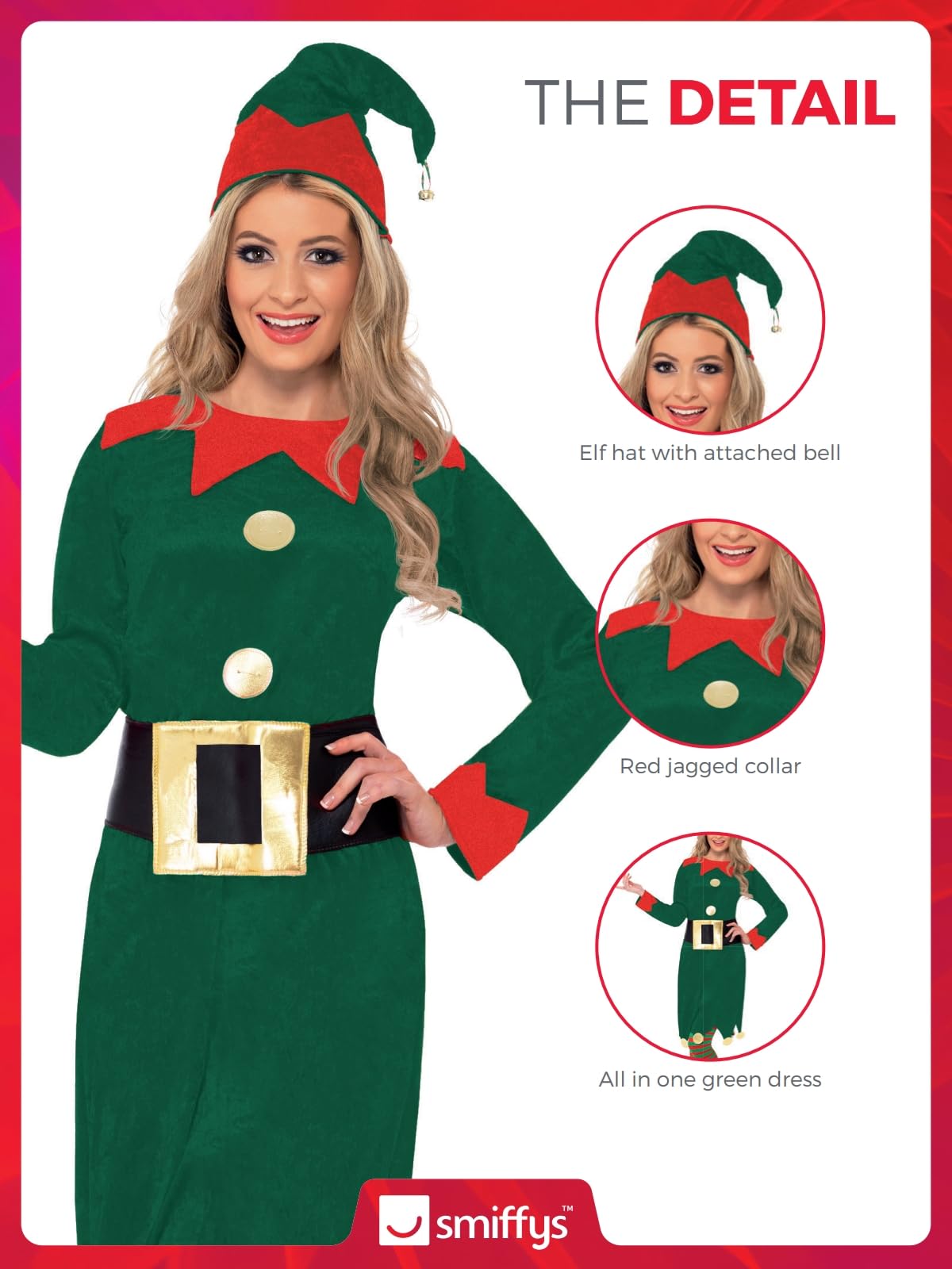 Smiffys Elf Costume - Green Dress with Hat & Belt, Adult Christmas Fancy Dress 3