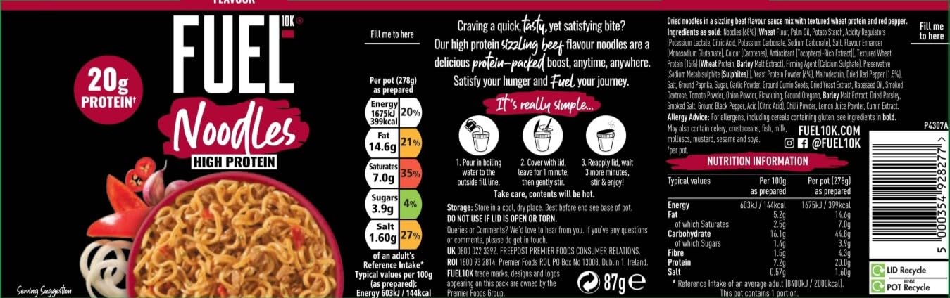FUEL10K Sizzling Beef High Protein Instant Noodles Pot, 20g Protein | Pack of 8 3