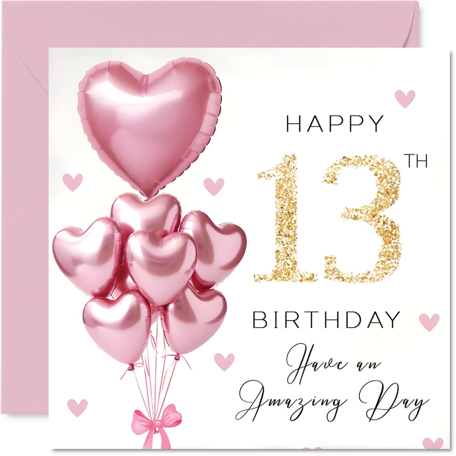 Stuff4 13th Birthday Card for Girls - Pink Glitter Balloons | 145mm Square Greeting Card
