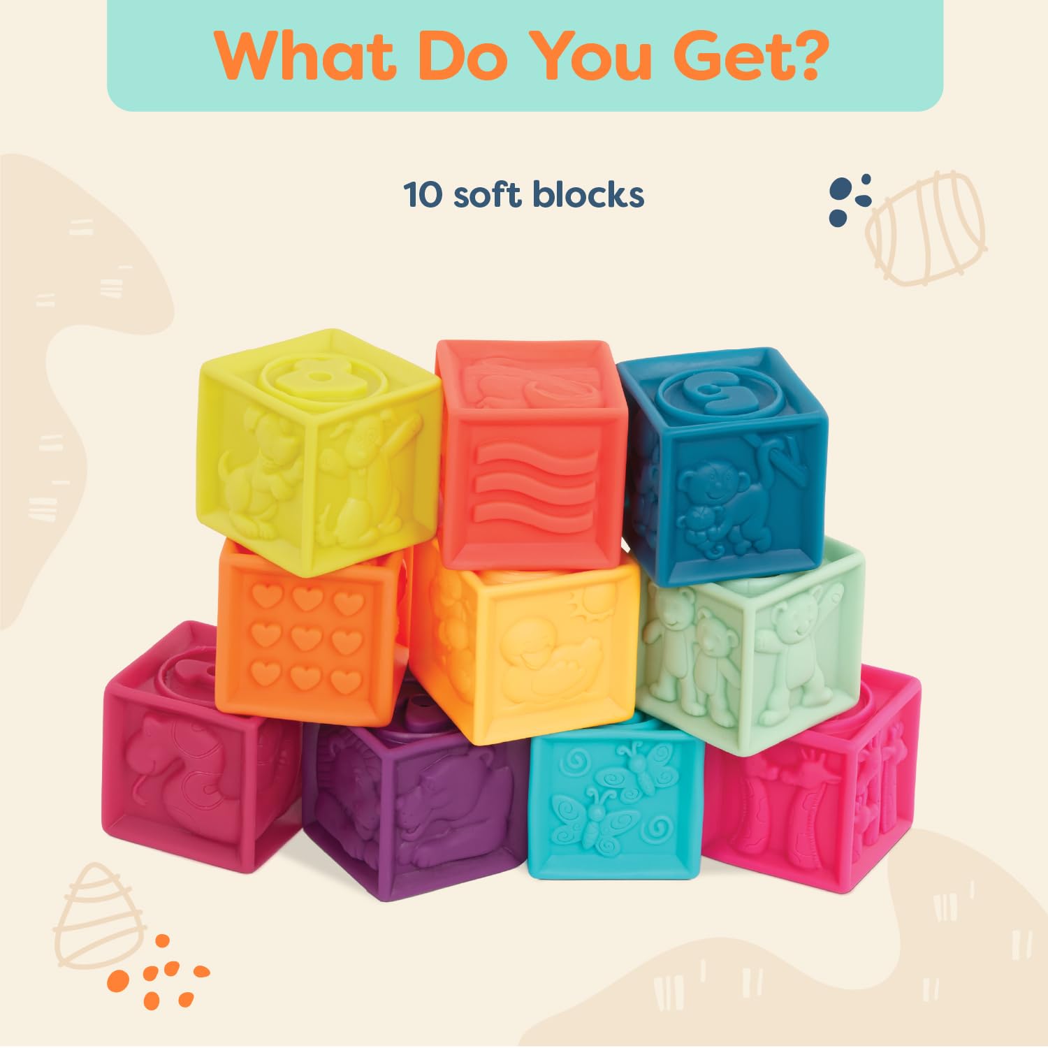 B. toys One Two Squeeze™ 10 Soft Squeezable Baby Blocks - Stacking & Learning Toy for 6+ Months 13