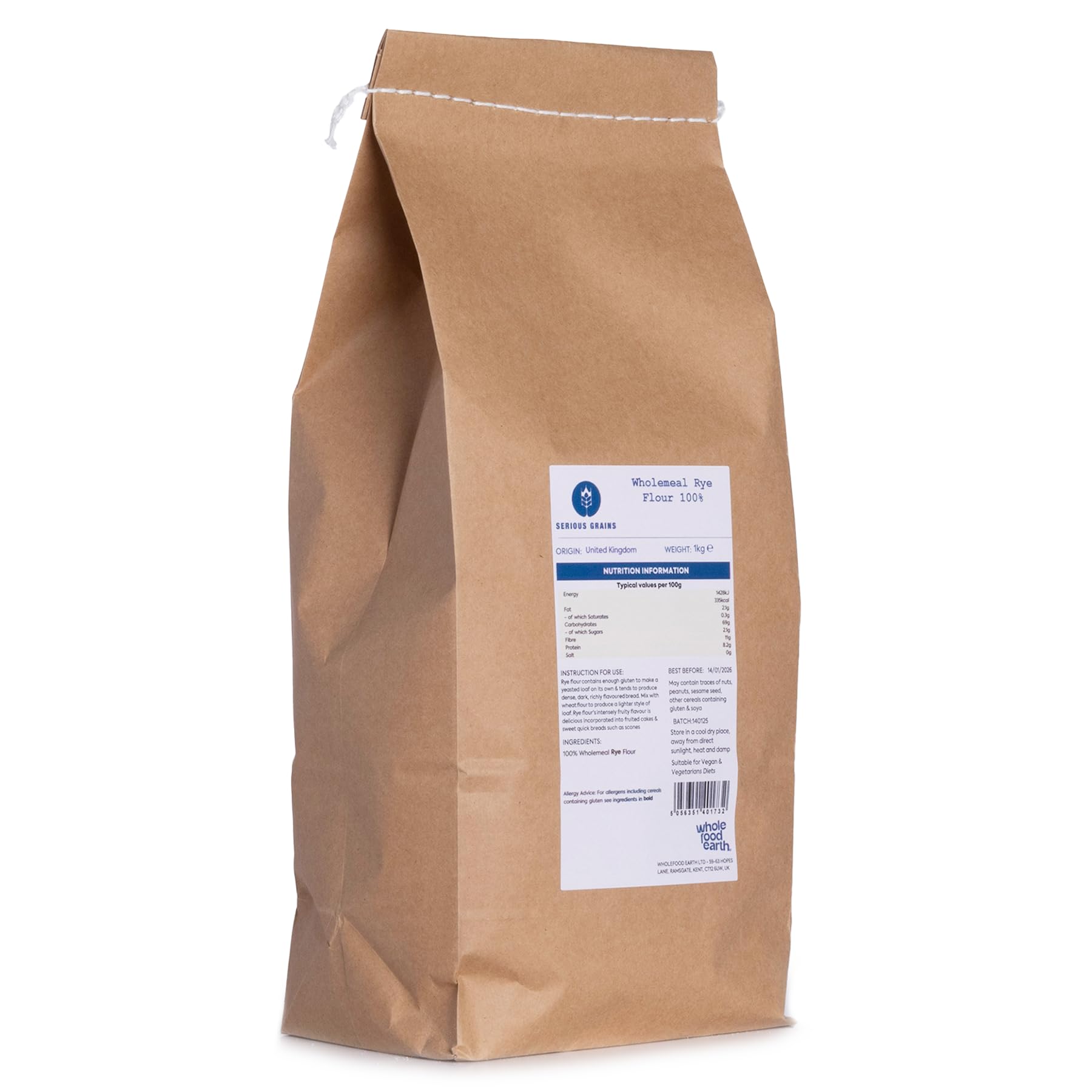 Serious Grains 100% Wholemeal Rye Flour (Stoneground) 1kg - High Fibre, GMO-Free, Vegan