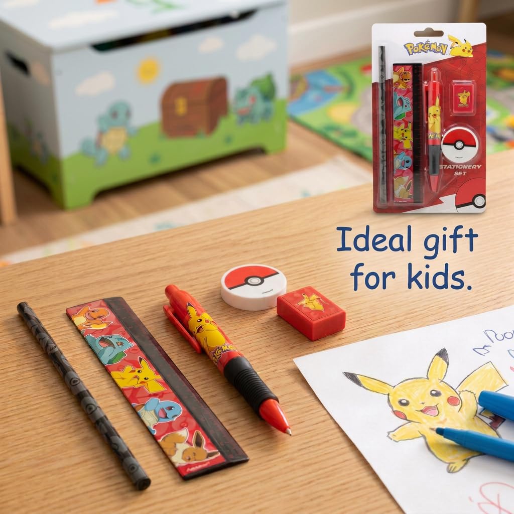 HOX Pokémon Stationery Set - Pikachu Pen, Pencil, Ruler, Sharpener, Eraser | Blue Ink | Kids 2