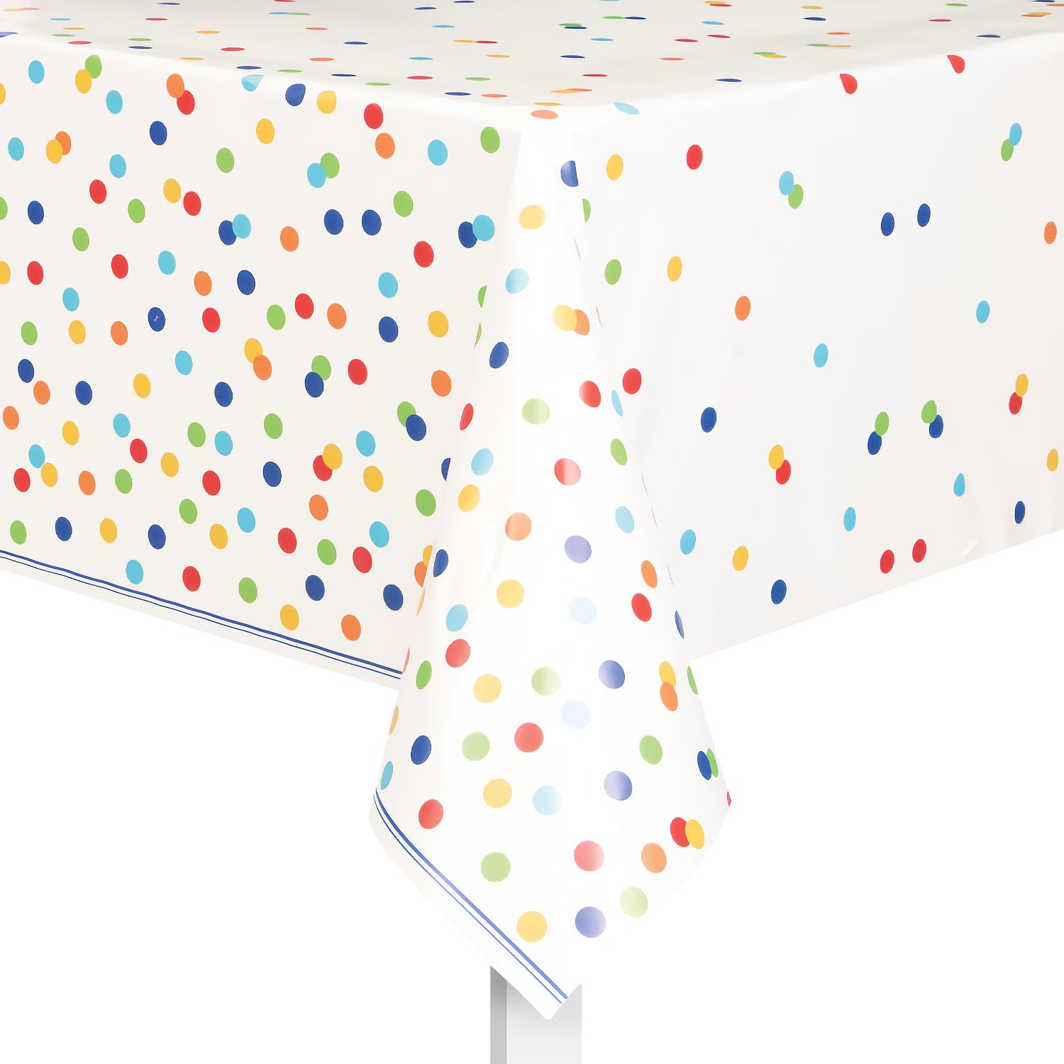 Unique Party Rainbow Polka Dot Plastic Tablecloth - 7ft x 4.5ft | Spill Resistant | Multicolor
