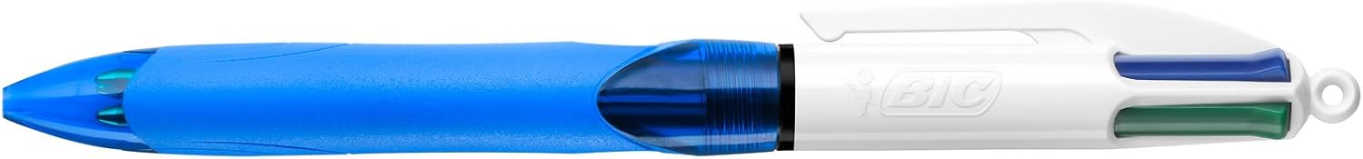 BIC 4 Colours Grip Retractable Ballpoint Pens - Box of 12- Medium Point (1.0 mm) - Extra-Comfort Grip - Translucent Blue Barrel 7