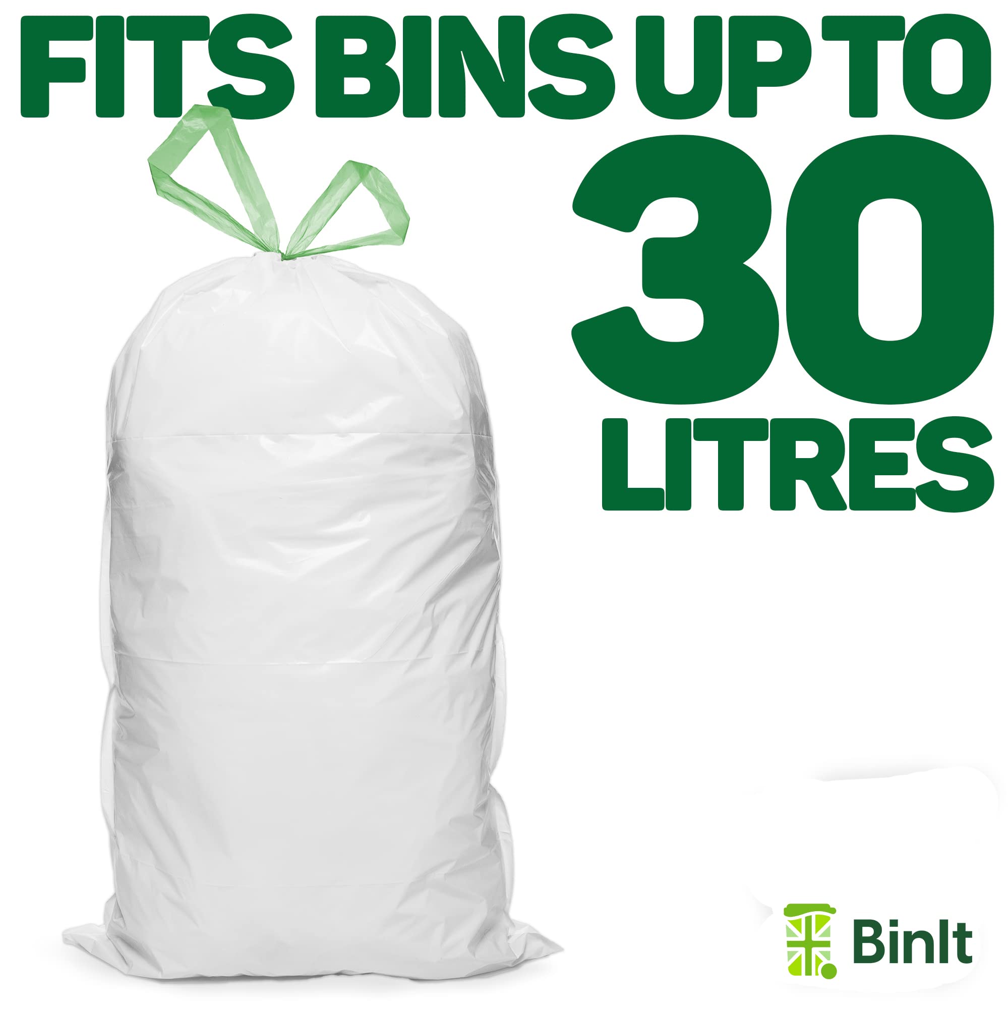 BIN IT 40 Count 30L Drawstring Bin Liners - Strong, Secure, Unscented White Bags 2