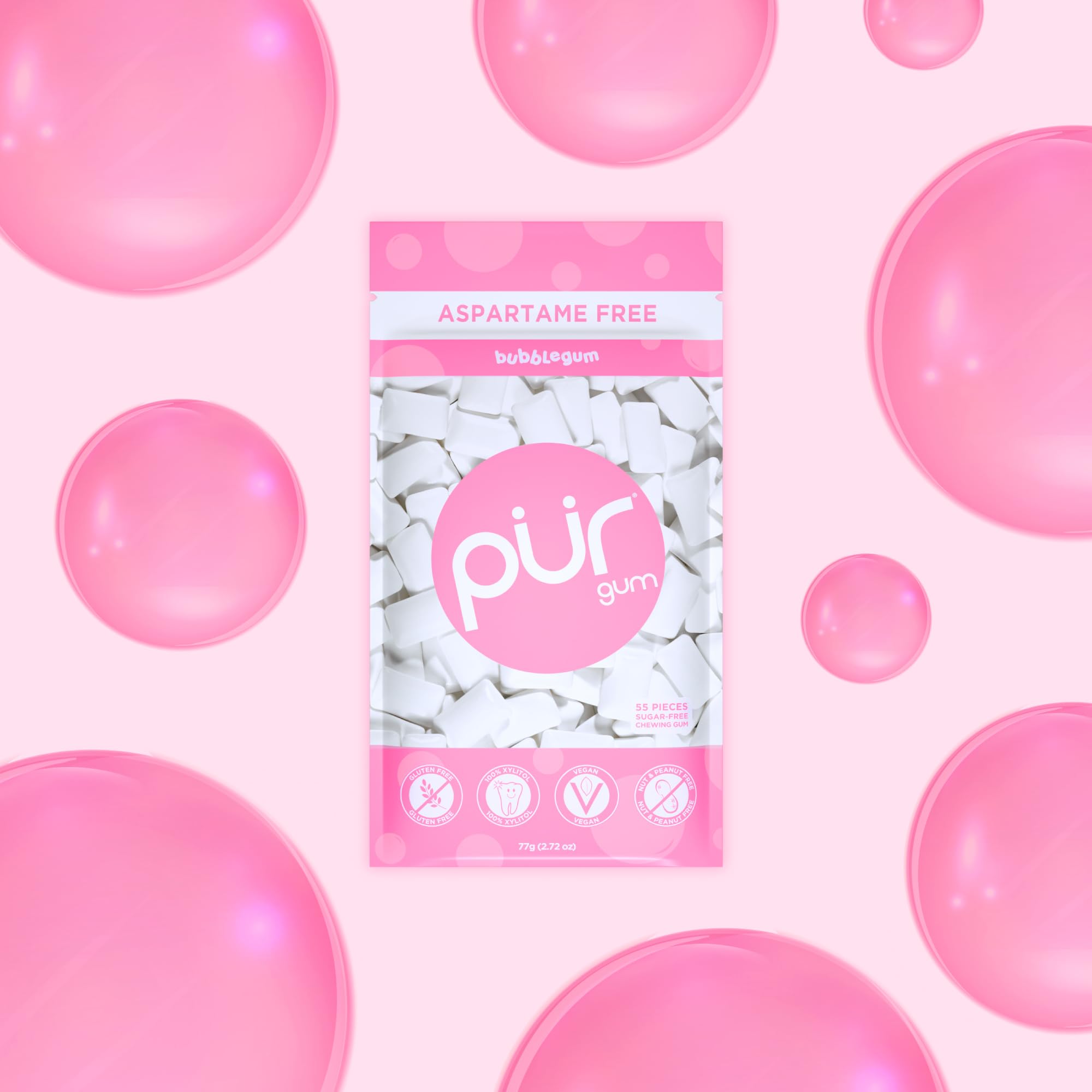 PUR Gum Sugar Free Chewing Gum, Natural Bubblegum Flavor, Xylitol Sweetened, 55 Count (Pack of 6) 3