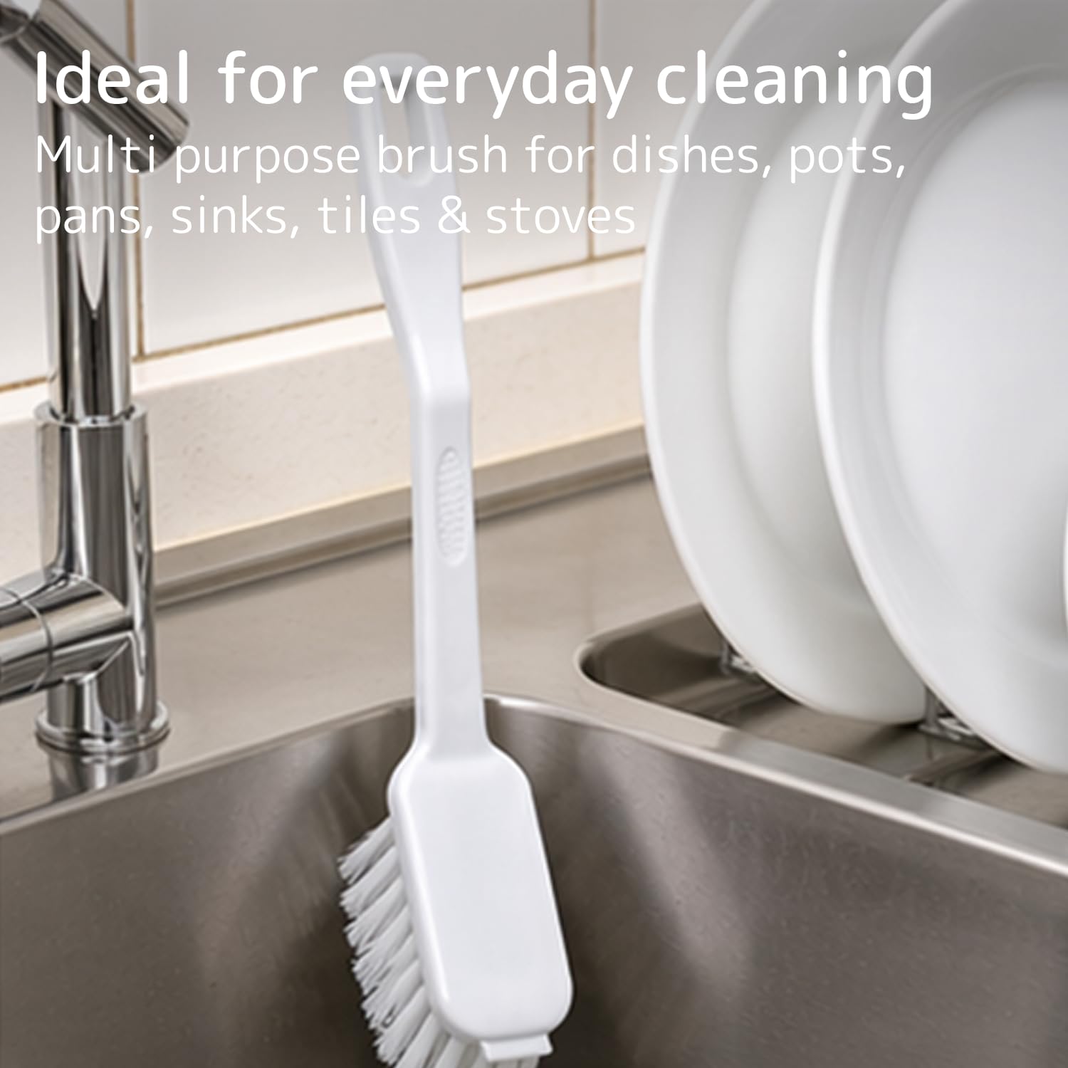ABENA Dishwashing Brush - 27cm Long Handle with Stiff Bristle & Scraper | White 6