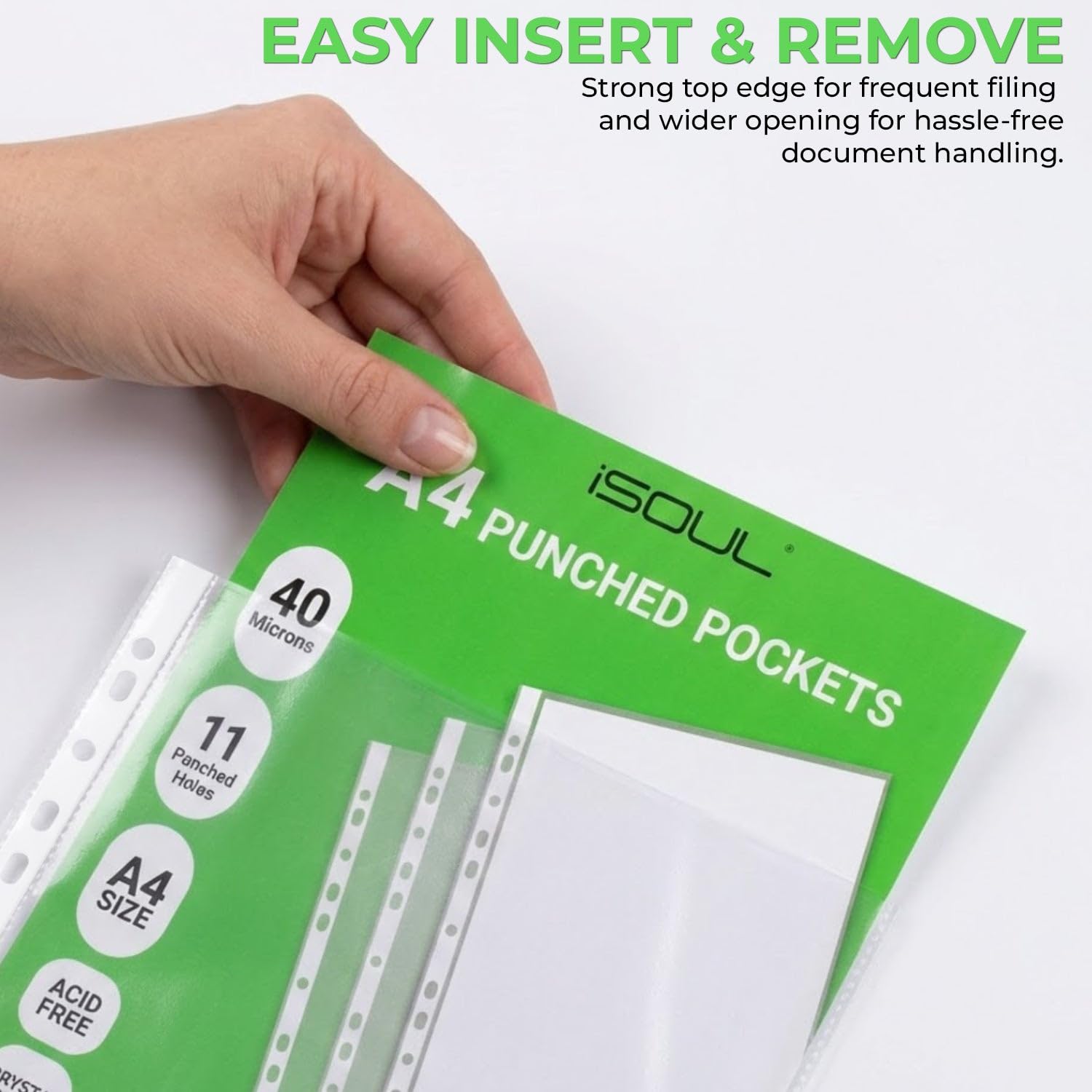 iSOUL A4 Plastic File Pockets - 100 Pack Heavy Duty 40 Micron with 11 Reinforced Holes | Crystal Clear 8