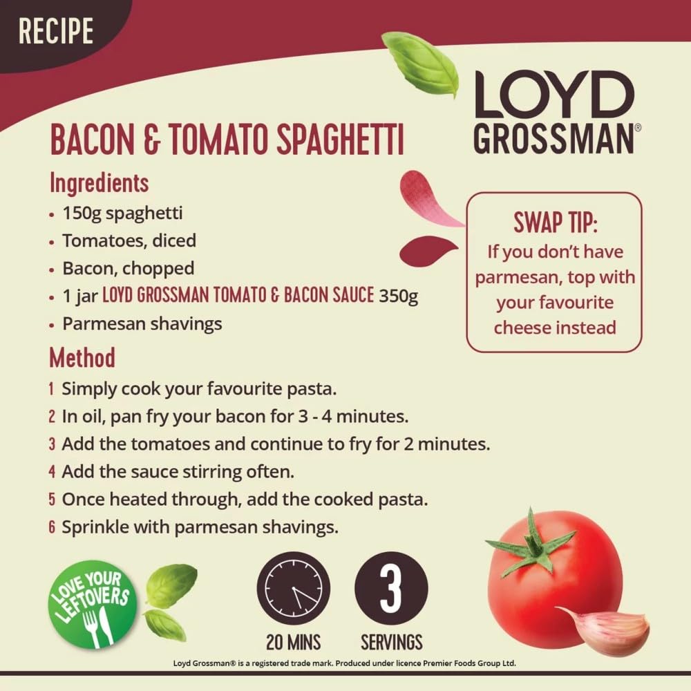 Loyd Grossman Italian Tomato & Smoked Bacon Sauce - Rich Tomato Base with Bacon & Chilli | 350g Jar 6