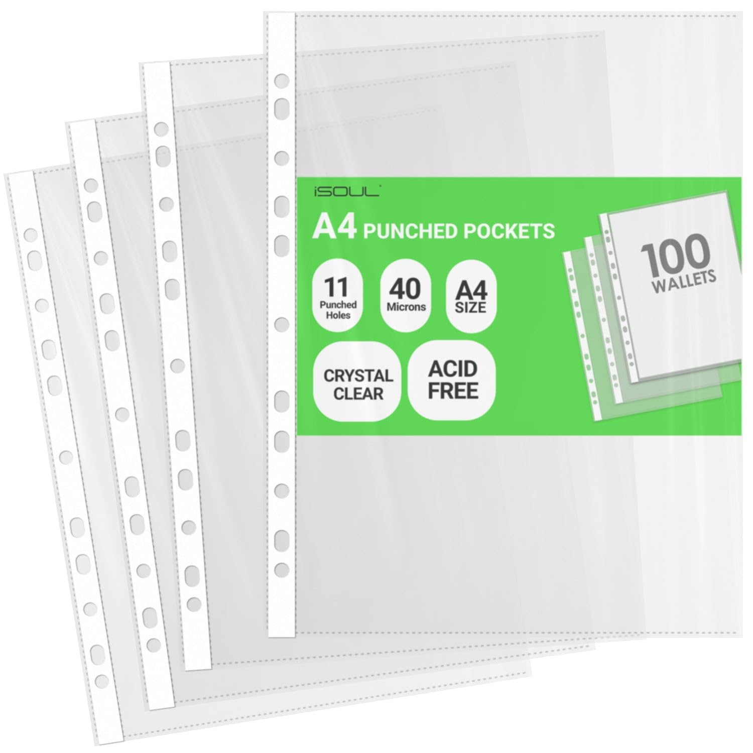 iSOUL A4 Plastic File Pockets - 100 Pack Heavy Duty 40 Micron with 11 Reinforced Holes | Crystal Clear 1