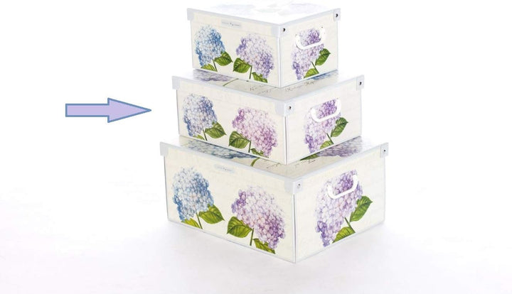 Lavatelli - Kanguru Decorative Storage Box with Lid and Handles, Hydrangeas Design, Medium Size