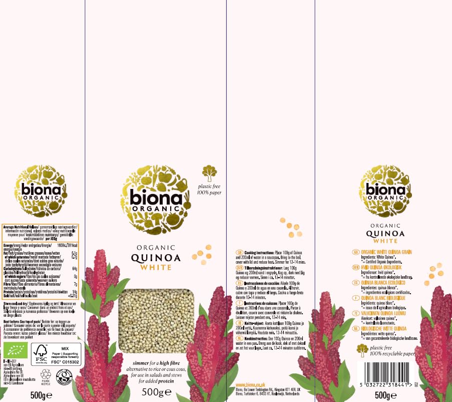 Biona Organic White Quinoa - Certified Organic | Wheat Free | 500g 2