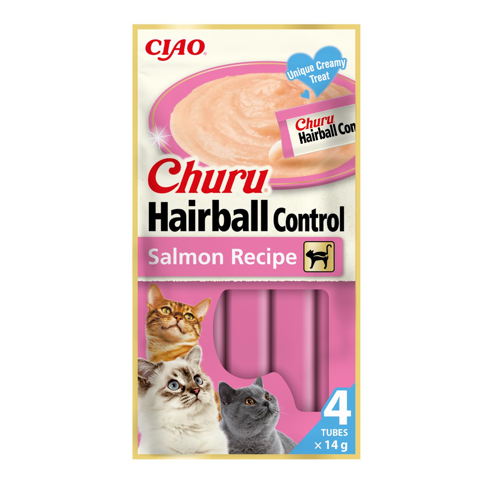 INABA Churu Hairball Control Salmon Flavor Creamy Cat Treats - Pack of 4