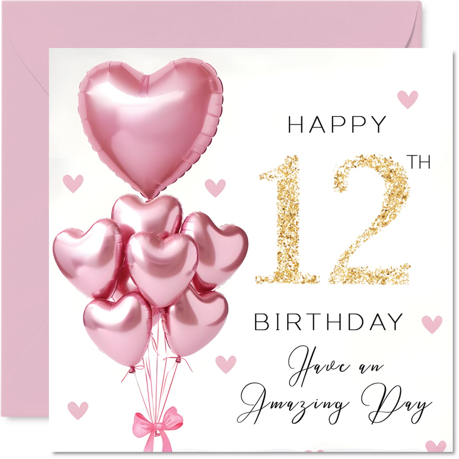 Stuff4 12th Birthday Card for Girls - Pink Glitter Balloons | 145mm x 145mm | Blank Inside