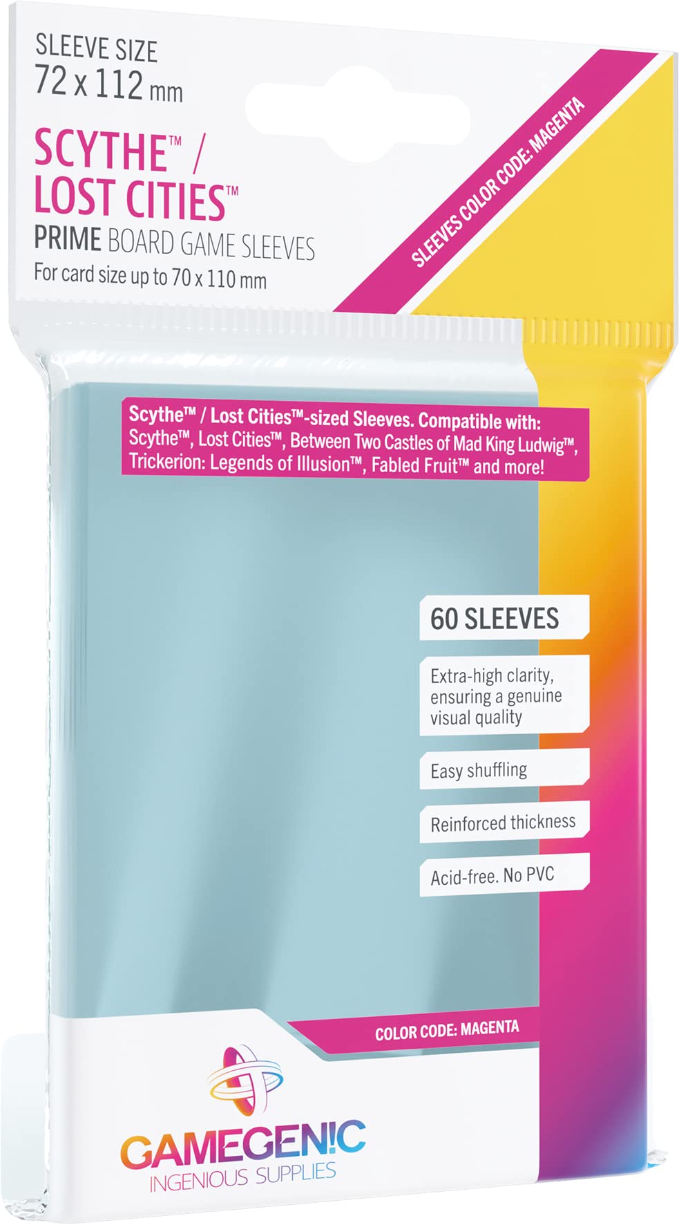Gamegenic Prime Sleeves for Scythe/Lost Cities Cards | 72x112mm | 60 Count | Clear 1