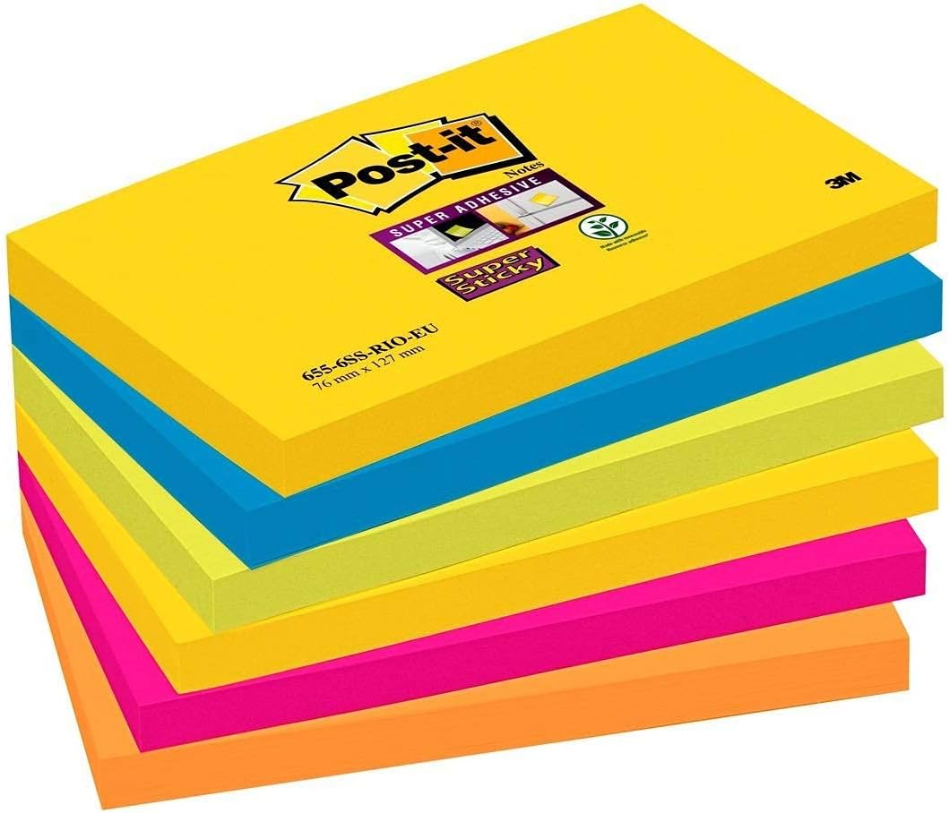 Post-it Notes, Super Sticky Notes Pad, Coloured Notes Rio Collection, Memo Note Pad for Notes Taking and To Do List, 6 Pads of 90 Sheets, Post it Note Large 76 x 127 mm 1