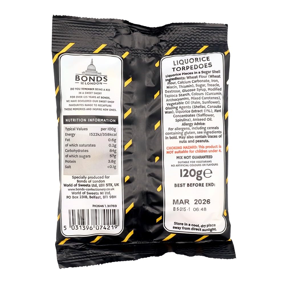 Bonds of London Liquorice Torpedoes - Vegetarian Friendly, Classic Liquorice Centre | Pack of 12 x 120g Bags 3