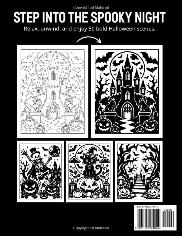 Monochrome Halloween Coloring Book - 50 Designs, Paperback, 8.5 x 11 in
