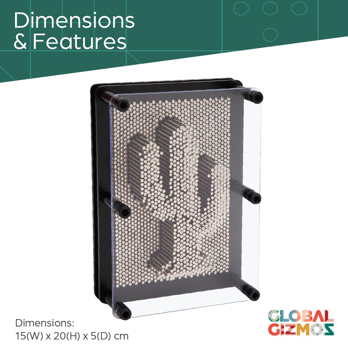 Global Gizmos 30350 Metal Pin Art Impression Toy - 3D Desktop Sculpture Gadget | 20cm x 15cm