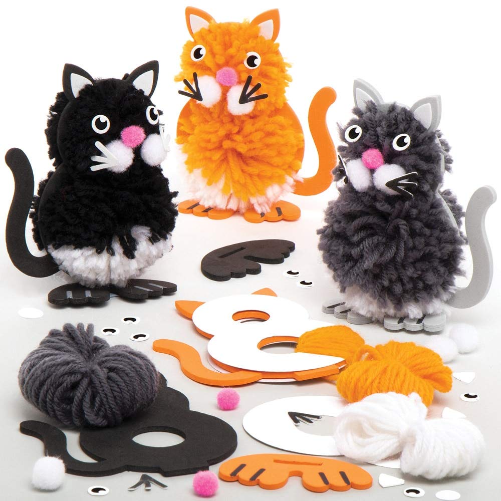 Baker Ross AT837 Cat Pom Pom Craft Kit - Pack of 3, Wool Yarn Art & Craft Activity for Kids 1