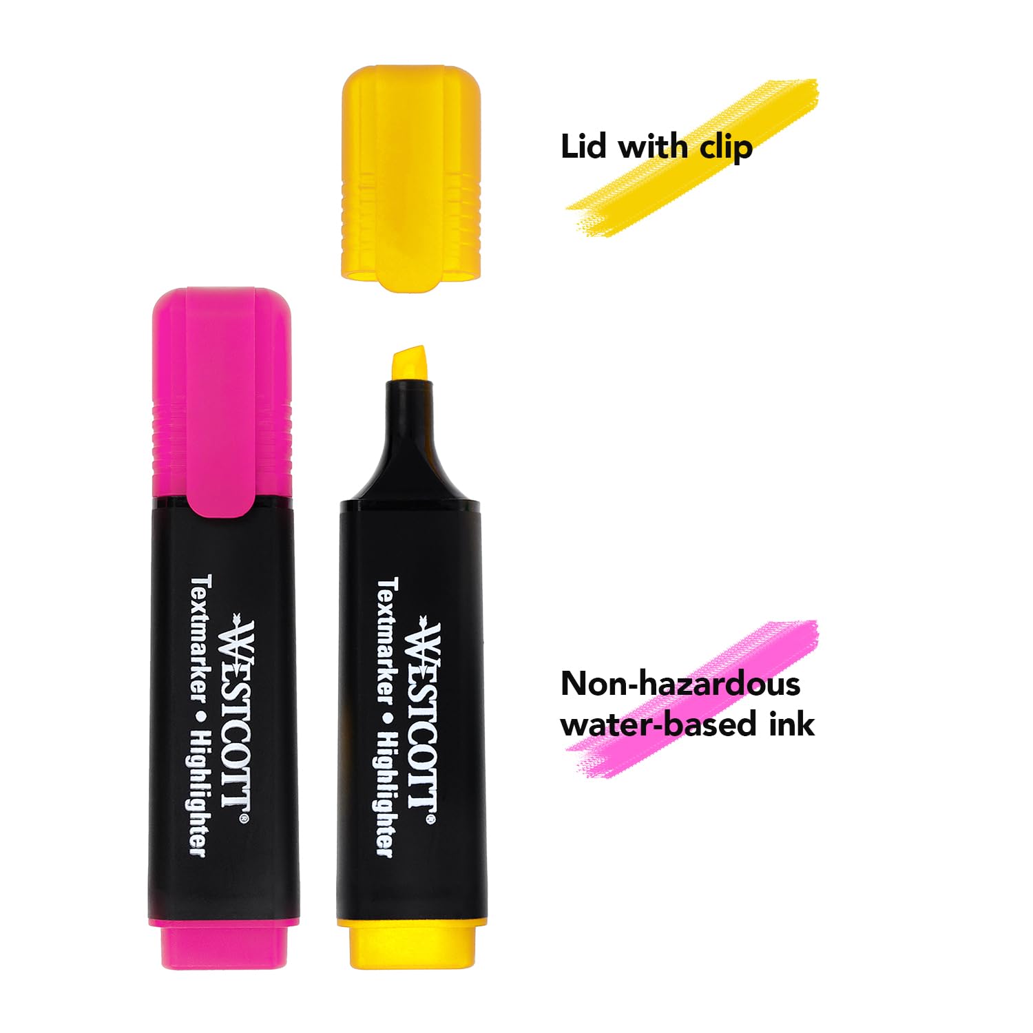 Westcott Highlighter Markers - 4 Pack (Green, Yellow, Orange, Pink) | 2-5mm Tip | Quick-Drying Ink 5