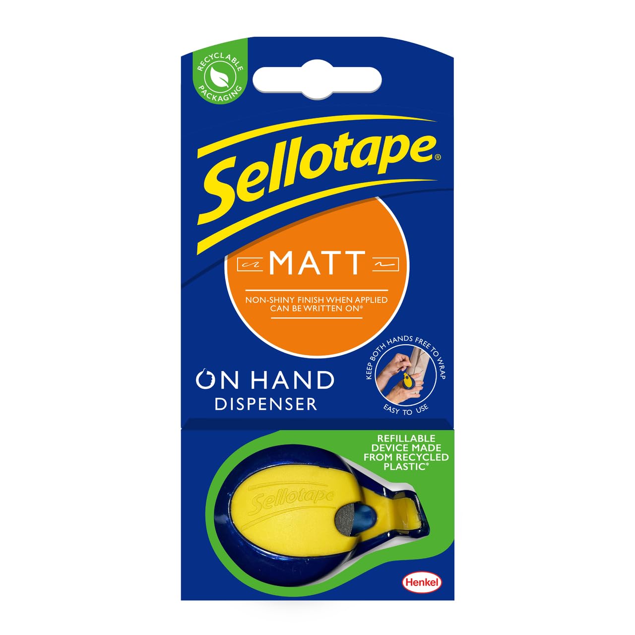 Sellotape On-Hand Matt Dispenser with 18mm x 15m Adhesive Tape Roll | Hands-Free Design