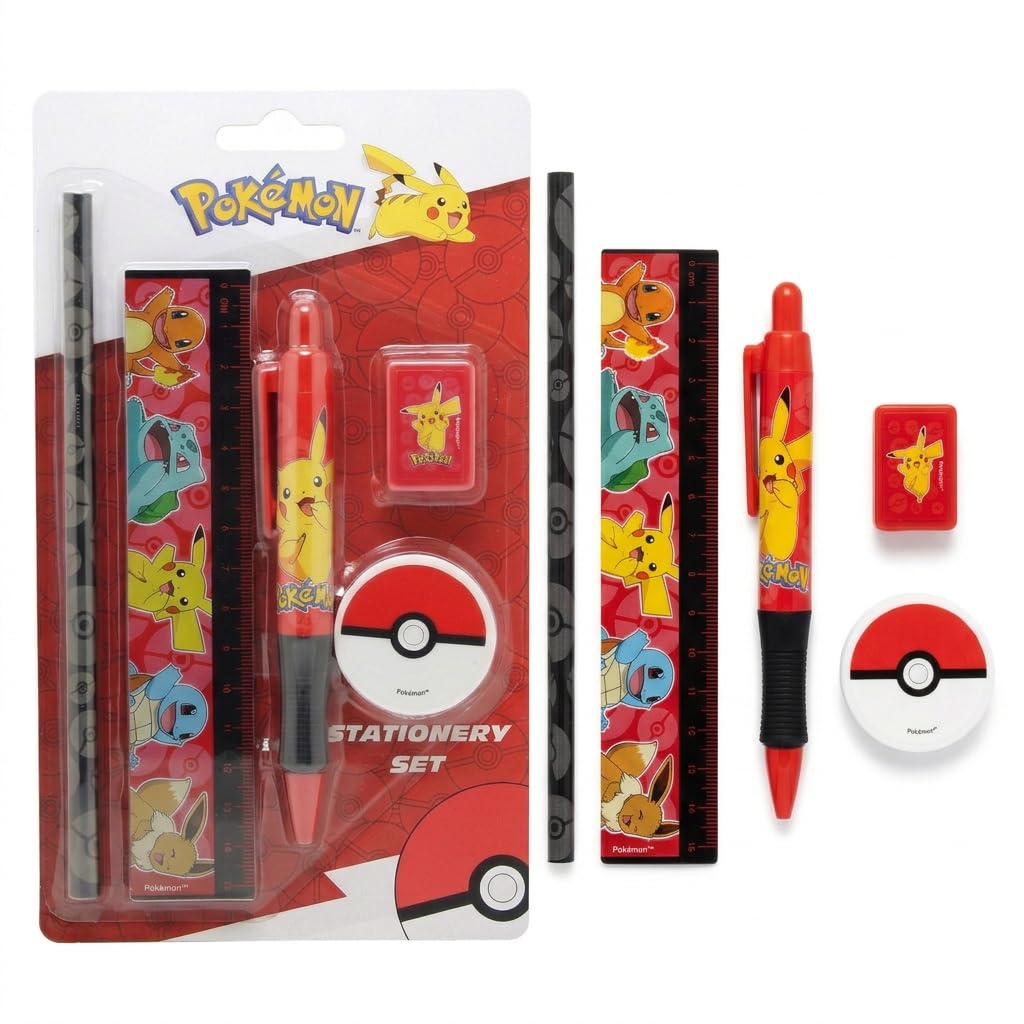HOX Pokémon Stationery Set - Pikachu Pen, Pencil, Ruler, Sharpener, Eraser | Blue Ink | Kids 1