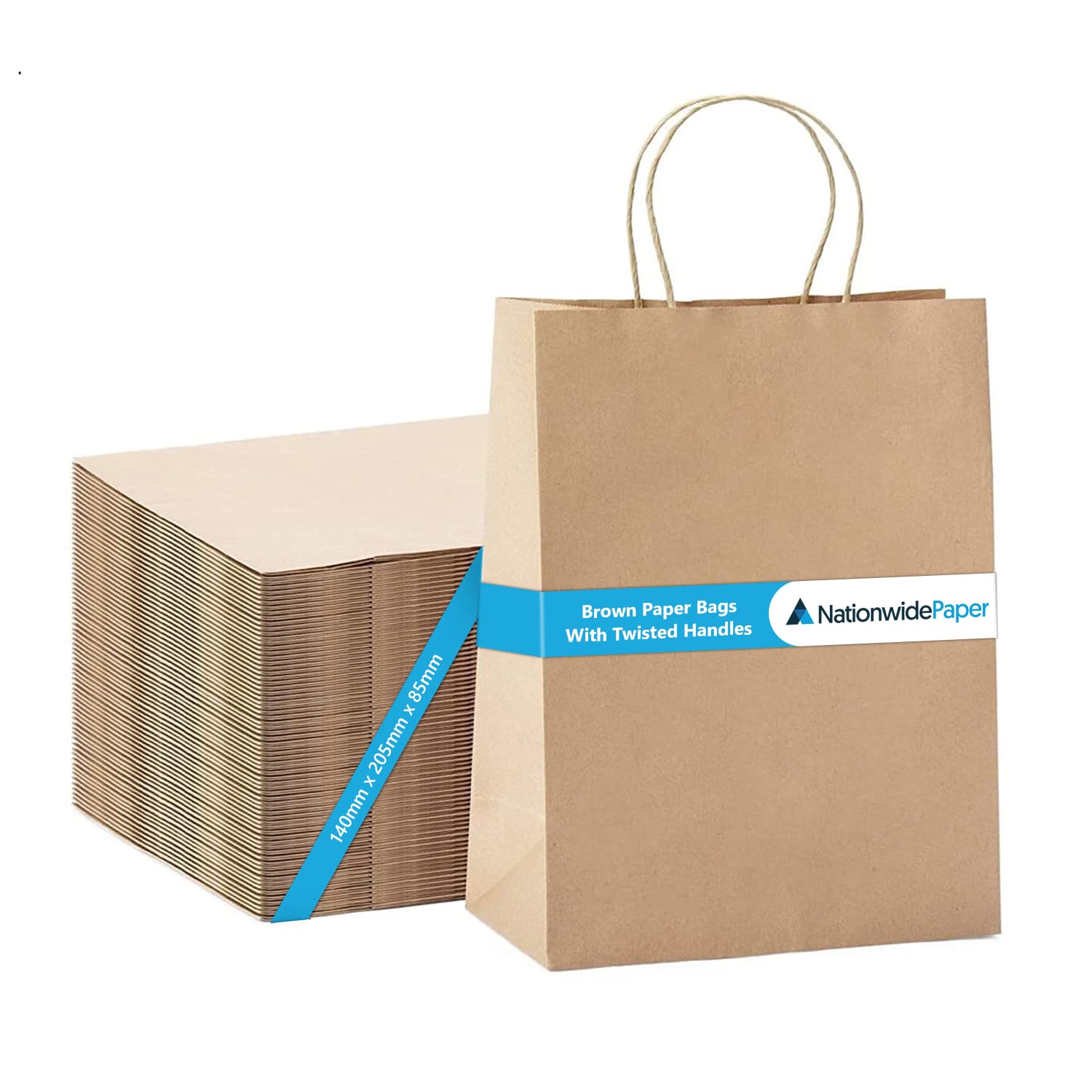 Nationwide Paper - Extra Small Brown Kraft Paper Bags with Handles 100 pcs (13.3x20.3x9.5cm)