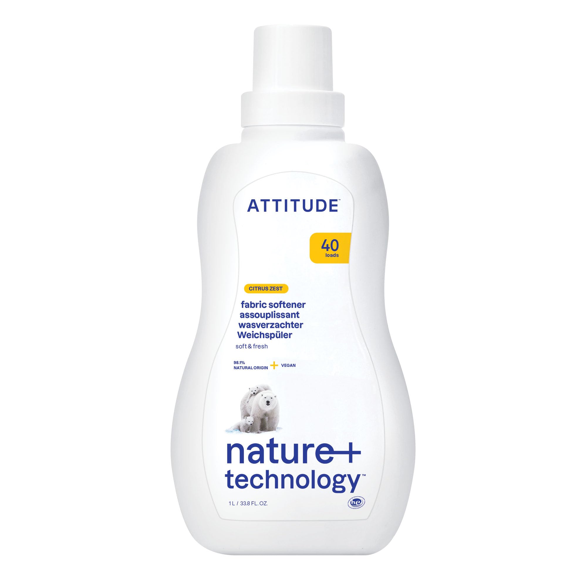 ATTITUDE Liquid Fabric Softener - Plant-Based, Vegan, HE Compatible, Citrus Zest Scent, 1 l