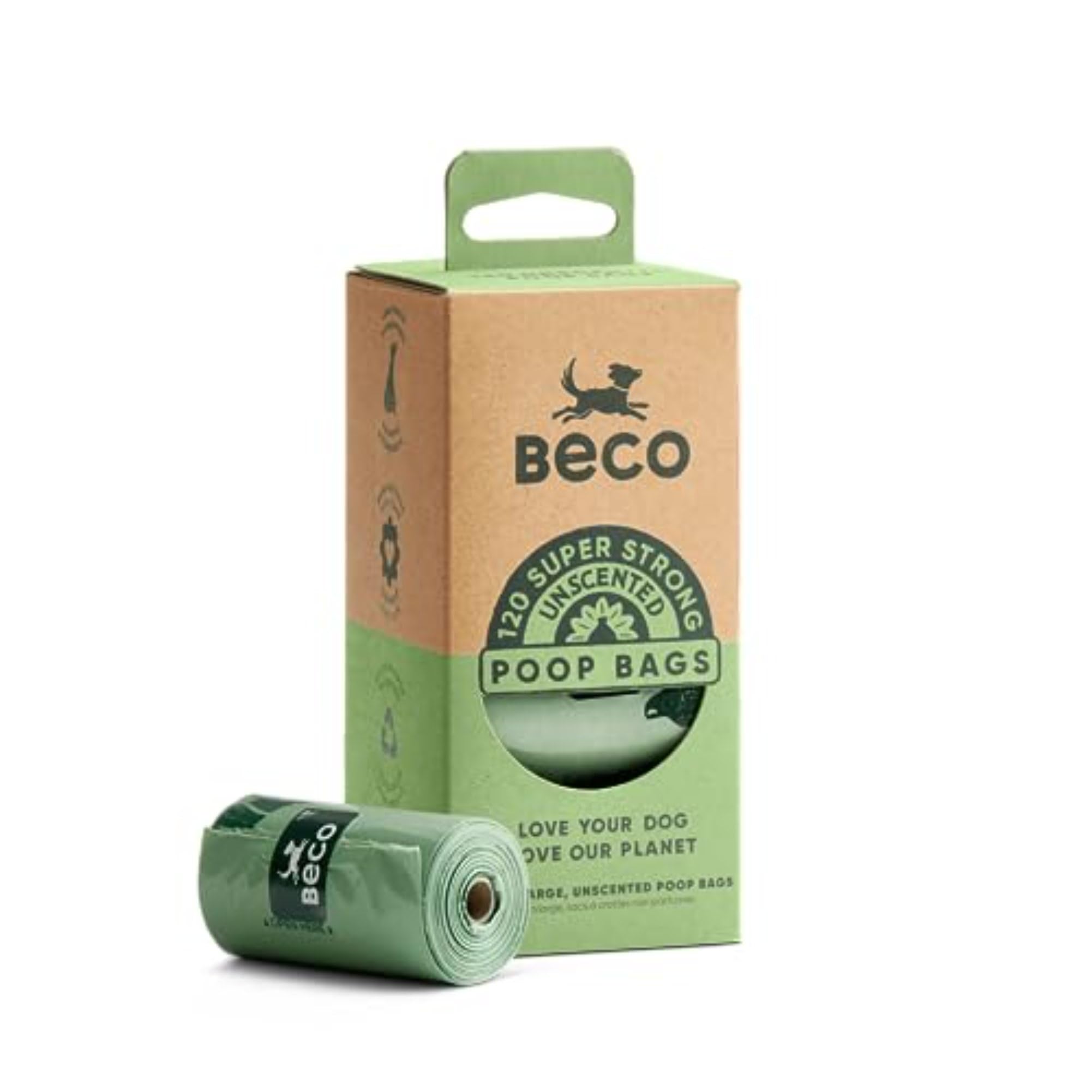 Beco Strong & Large Poop Bags - 120 Bags (8 Rolls of 15) - Unscented Dog Poo Bags